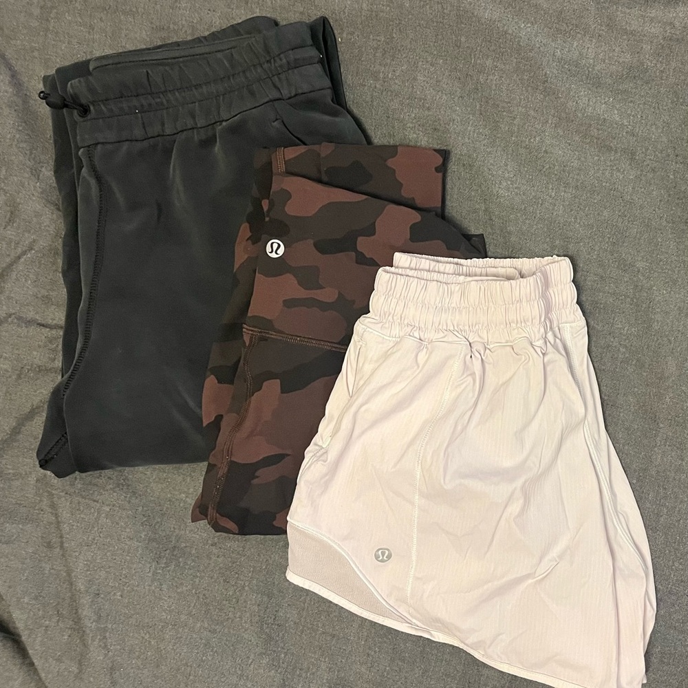 lululemon scuba sweatpants Black, white Shorts, and camo leggings Casual Comfort
